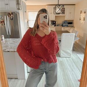 American Eagle Open Knit Crochet Sweater Red Size Large